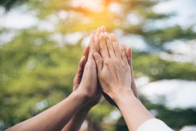 Teamwork High Five As Team Together Hands Air Greeting Power Ta