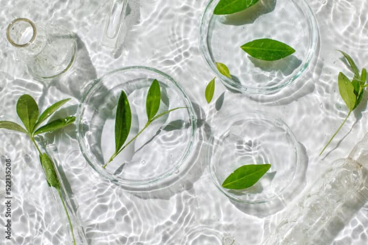 plant leafs in glas and water