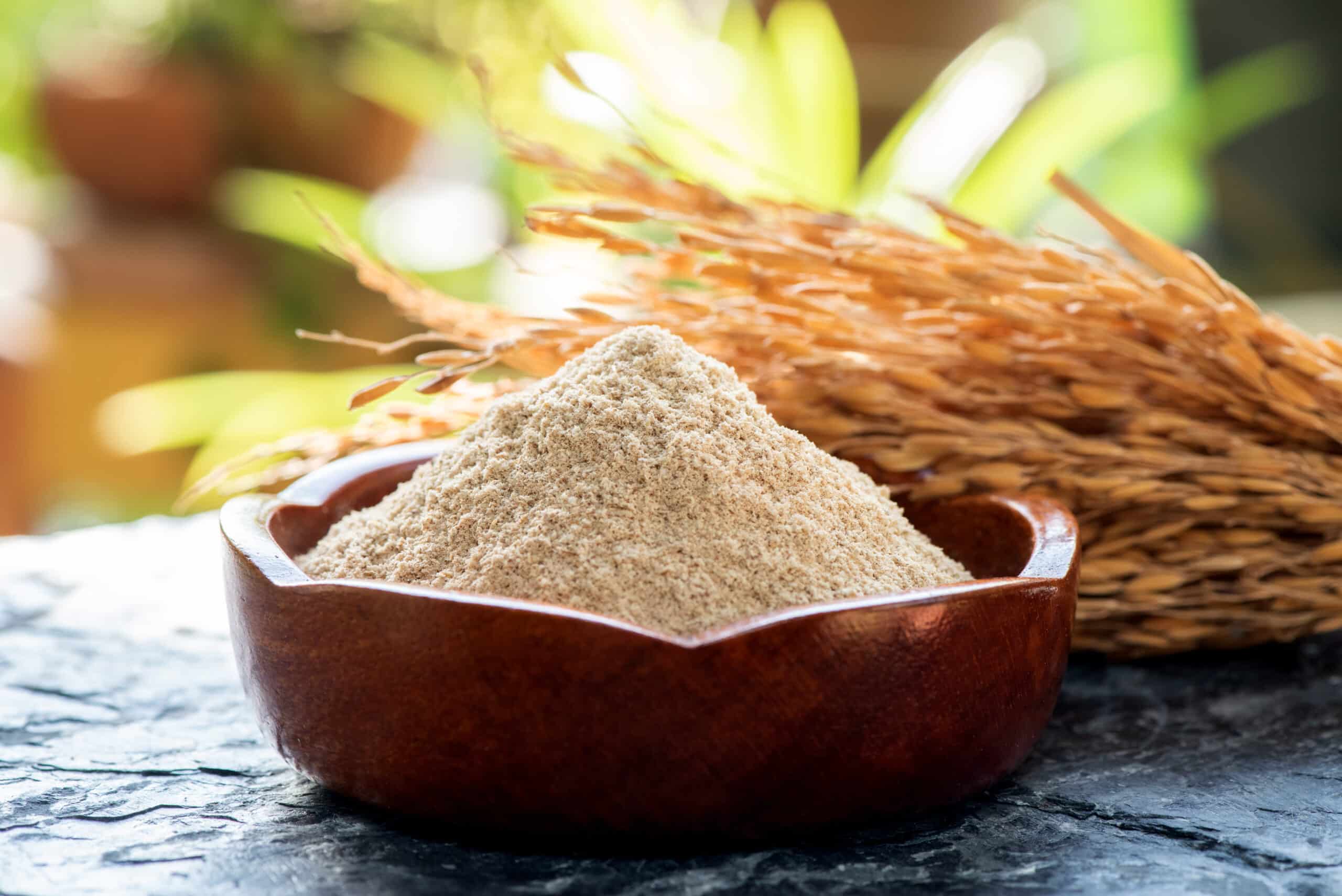 Rice bran and rice seeds on a natural background