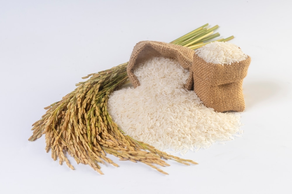Straws of rice lie next to two sacks of husked rice